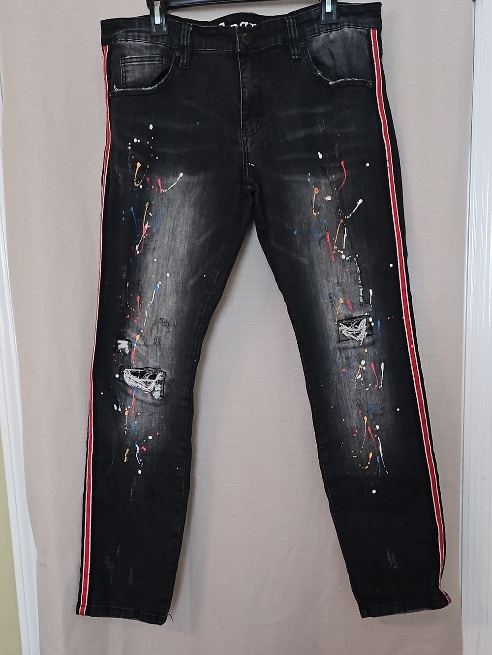 Black Straight Jeans with Red Side Stripe and Paint-Splatter Detail